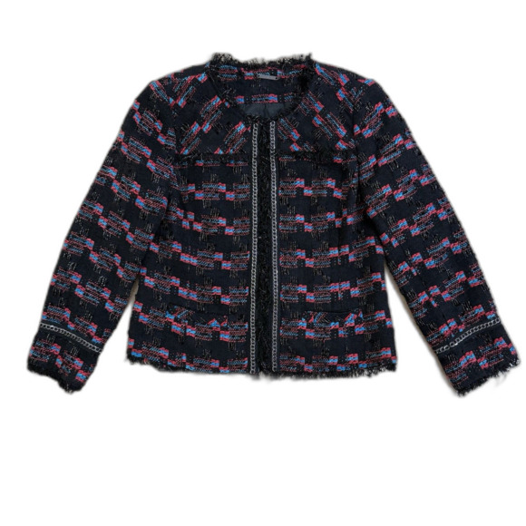 Trina Turk Womens Good Night Tweed Fringe Chain Jacket Black Red Blue Sz 10 - Picture 1 of 9